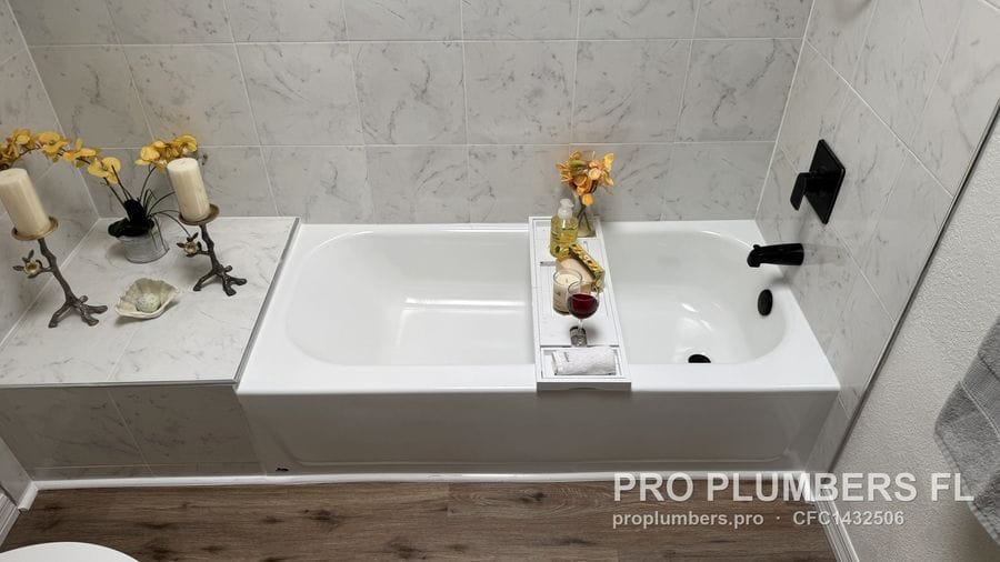 Finished bathtub with matte black valve trim and spout in Pinellas Park, Florida by PRO PLUMBERS FL, LLC (licence CFC1432506)