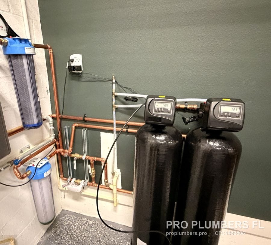 Carbon and softener tanks with sediment prefilter and post-filter on press copper in Dunedin, Florida by PRO PLUMBERS FL, LLC (licence CFC1432506)