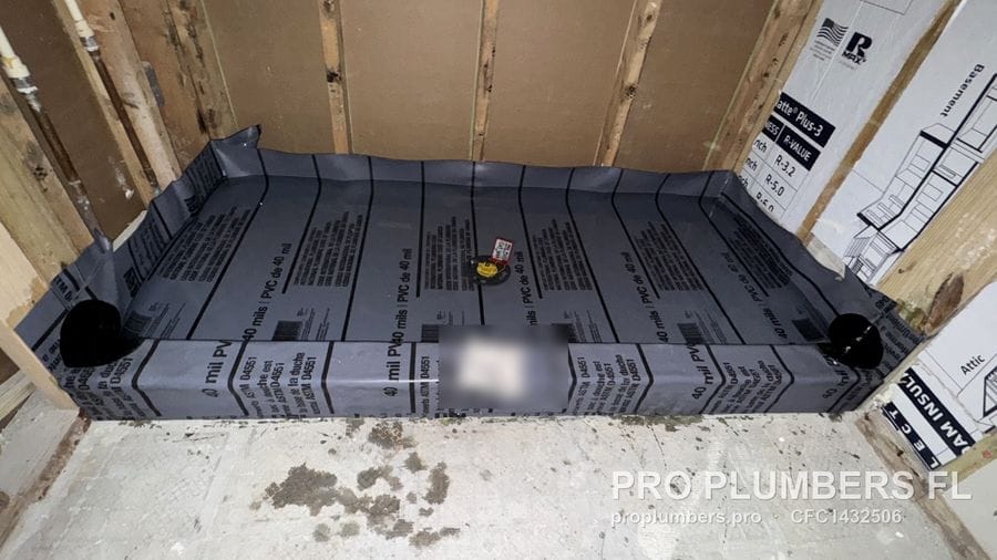 Full-width shower pan liner at the curb with pre-formed corners in Belleair Beach, Florida by PRO PLUMBERS FL, LLC (licence CFC1432506)