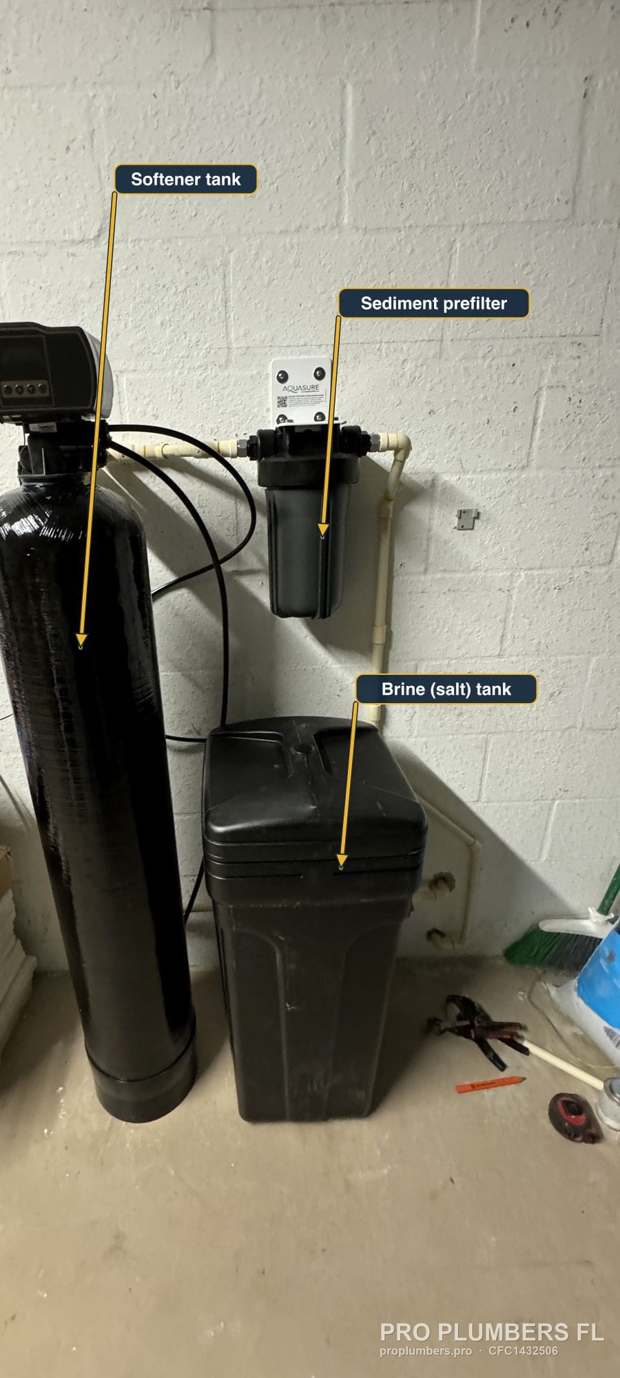 Water softener tank, brine tank and whole-house sediment prefilter installed on a garage block wall in Venice, Florida by PRO PLUMBERS FL, LLC (licence CFC1432506)