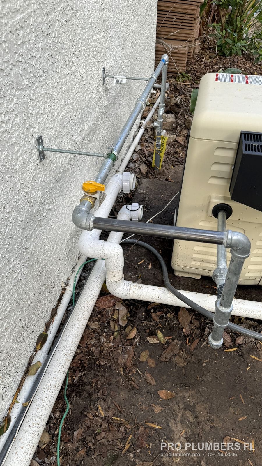 Gas line with shutoff valve and drip leg connected to a pool heater in Westchase, Florida by PRO PLUMBERS FL, LLC (licence CFC1432506)
