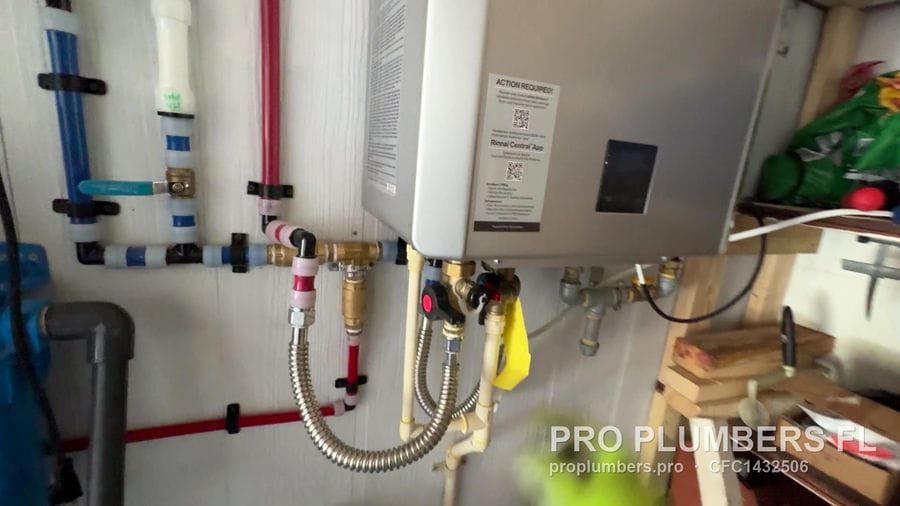 Gas tankless water heater with isolation valve kit and braided connectors in Englewood, Florida by PRO PLUMBERS FL, LLC (licence CFC1432506)
