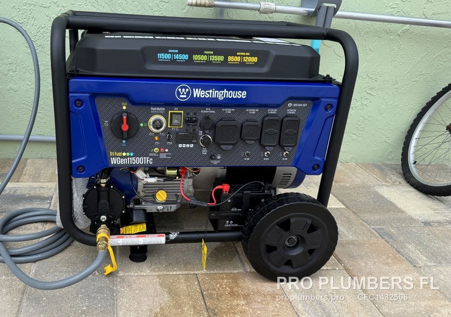 Portable generator with gas quick-connect and shutoff valve beside the gas meter in Clearwater, Florida by PRO PLUMBERS FL, LLC (licence CFC1432506)