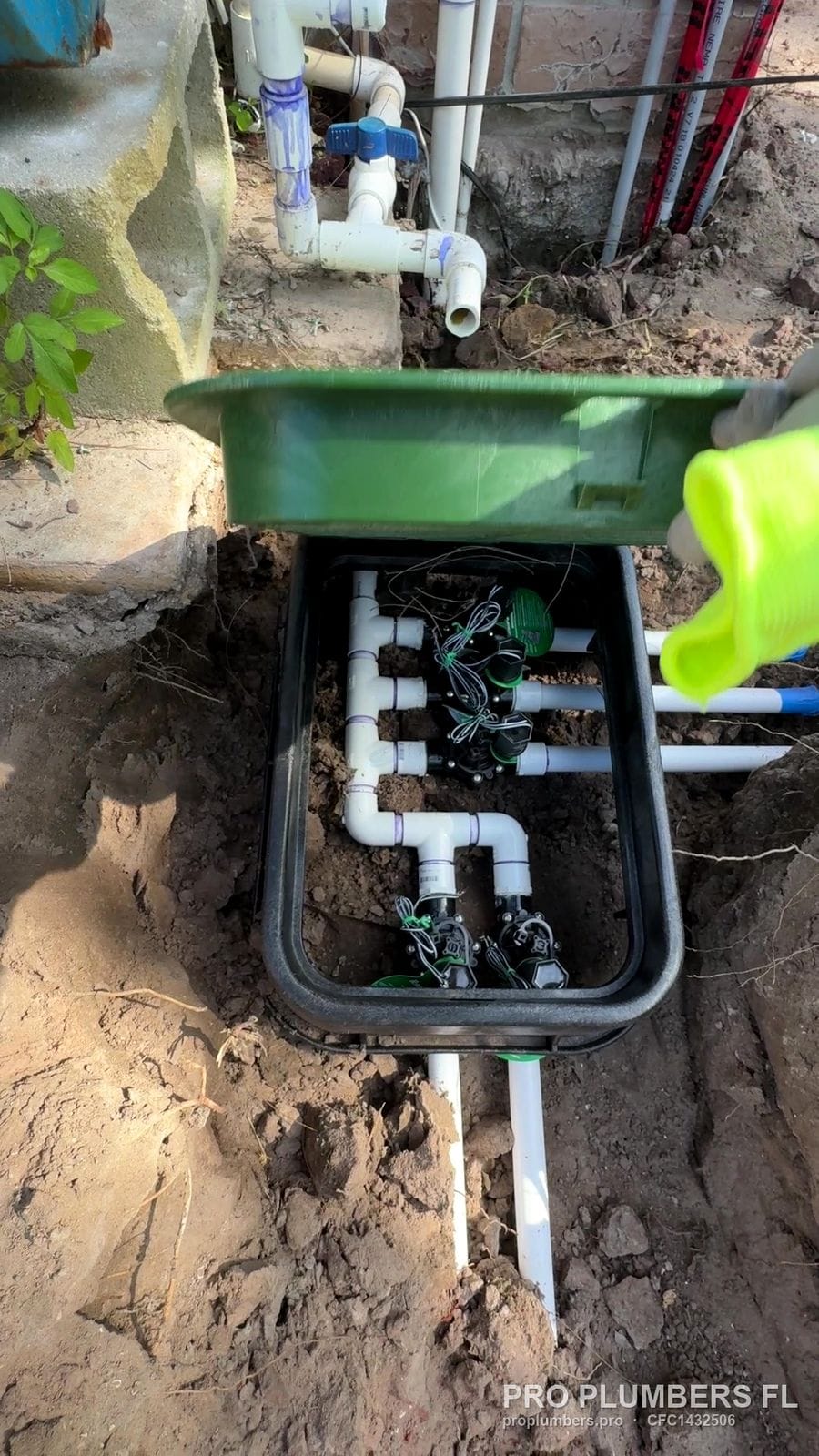 Irrigation valve box with PVC manifold and solenoid valves in Ruskin, Florida by PRO PLUMBERS FL, LLC (licence CFC1432506)