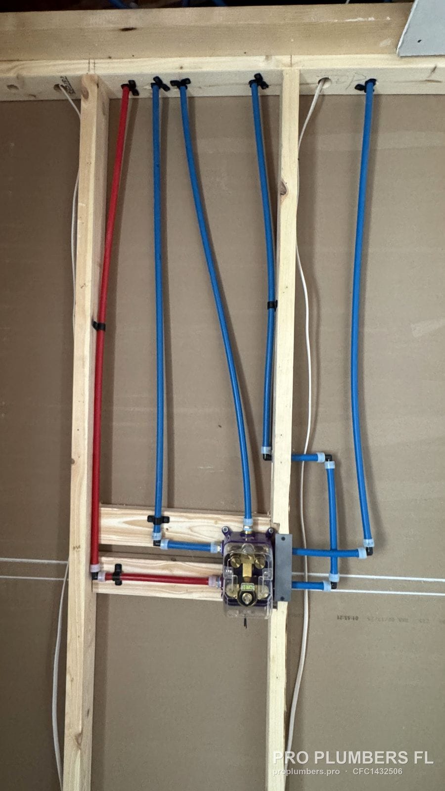 Multi-outlet shower rough-in with several PEX-A lines and a thermostatic valve in St. Petersburg, Florida by PRO PLUMBERS FL, LLC (licence CFC1432506)