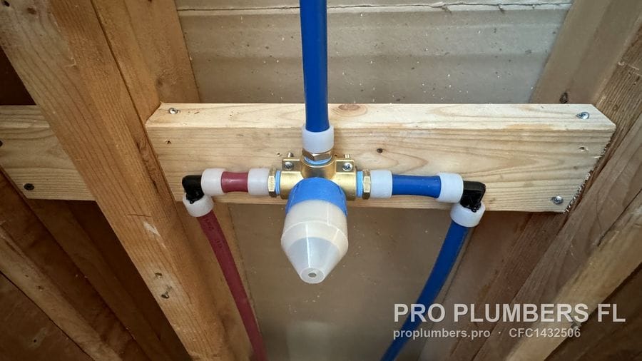 Shower mixing valve roughed in with PEX-A piping and expansion fittings in Sarasota, Florida by PRO PLUMBERS FL, LLC (licence CFC1432506)