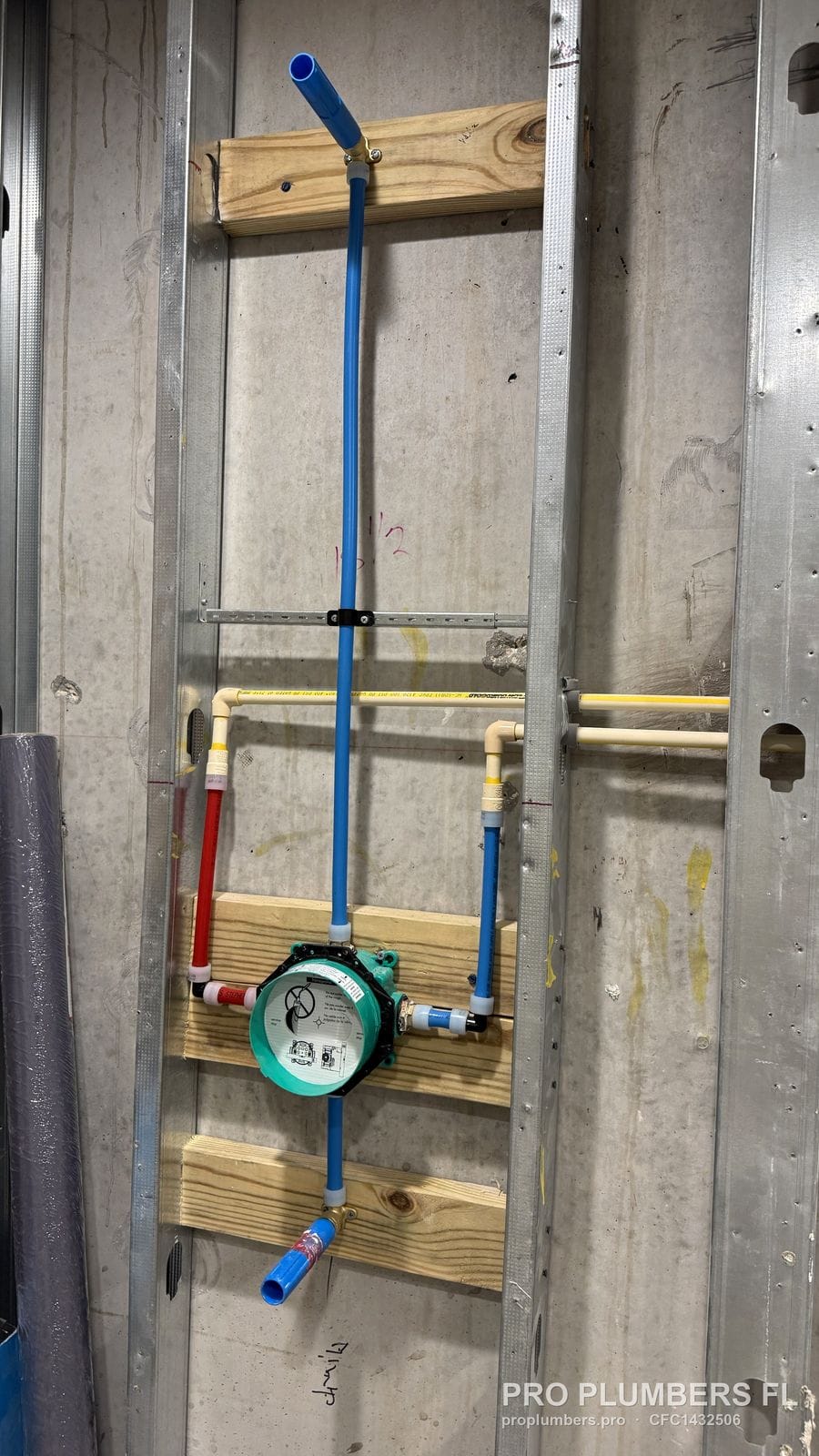 Shower valve roughed in with PEX-A piping in a metal-stud wall in Tampa, Florida by PRO PLUMBERS FL, LLC (licence CFC1432506)