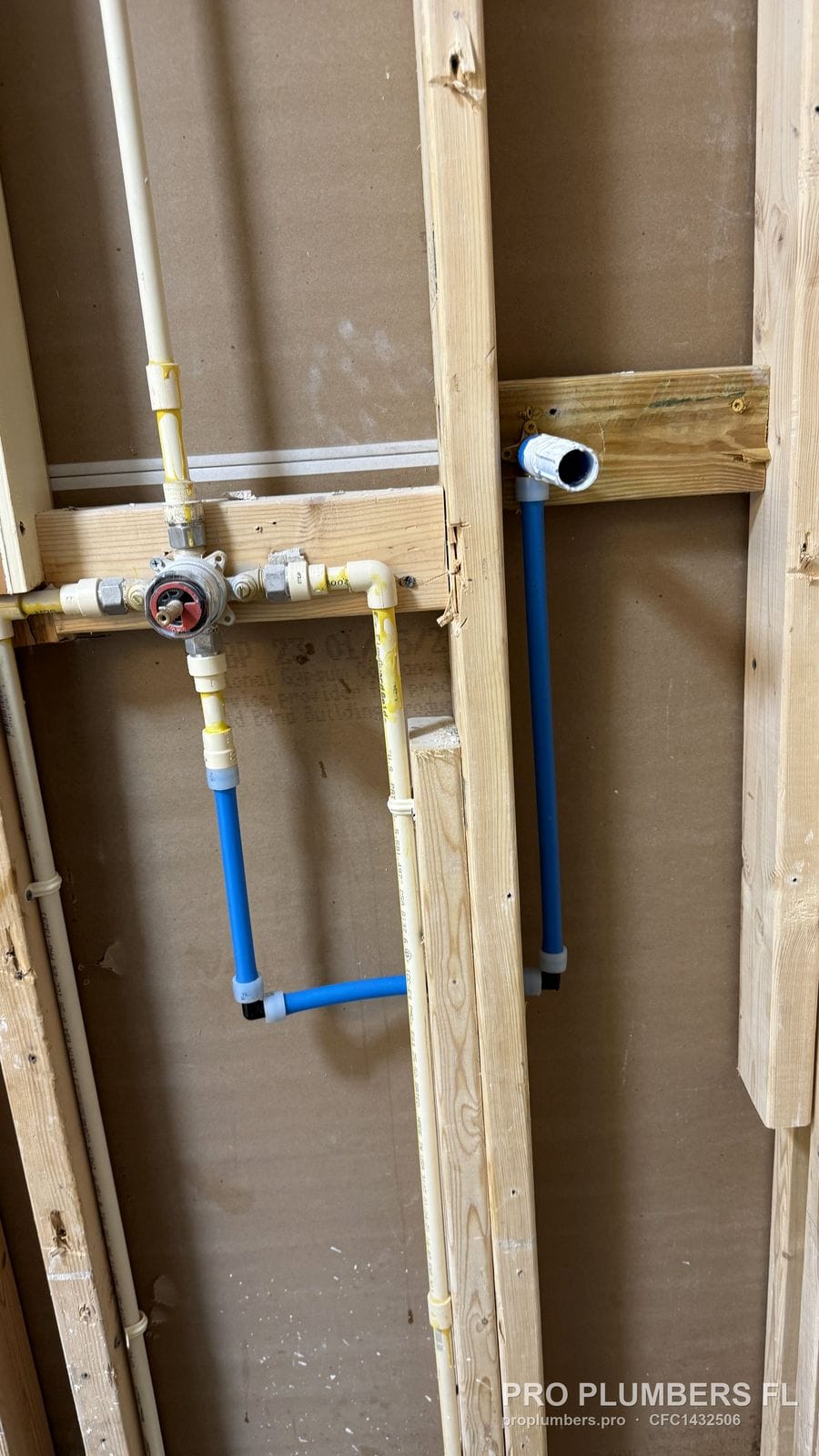 Shower valve rough-in with PEX-A branch lines in wood framing in St. Petersburg, Florida by PRO PLUMBERS FL, LLC (licence CFC1432506)