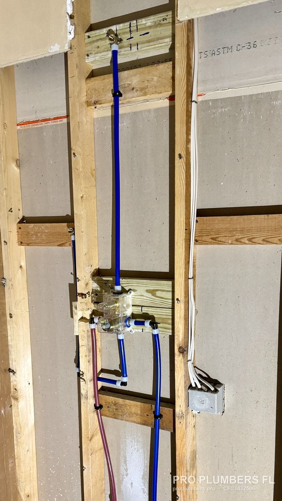 Shower wall rough-in with a PEX-A riser to the shower head in Sarasota, Florida by PRO PLUMBERS FL, LLC (licence CFC1432506)