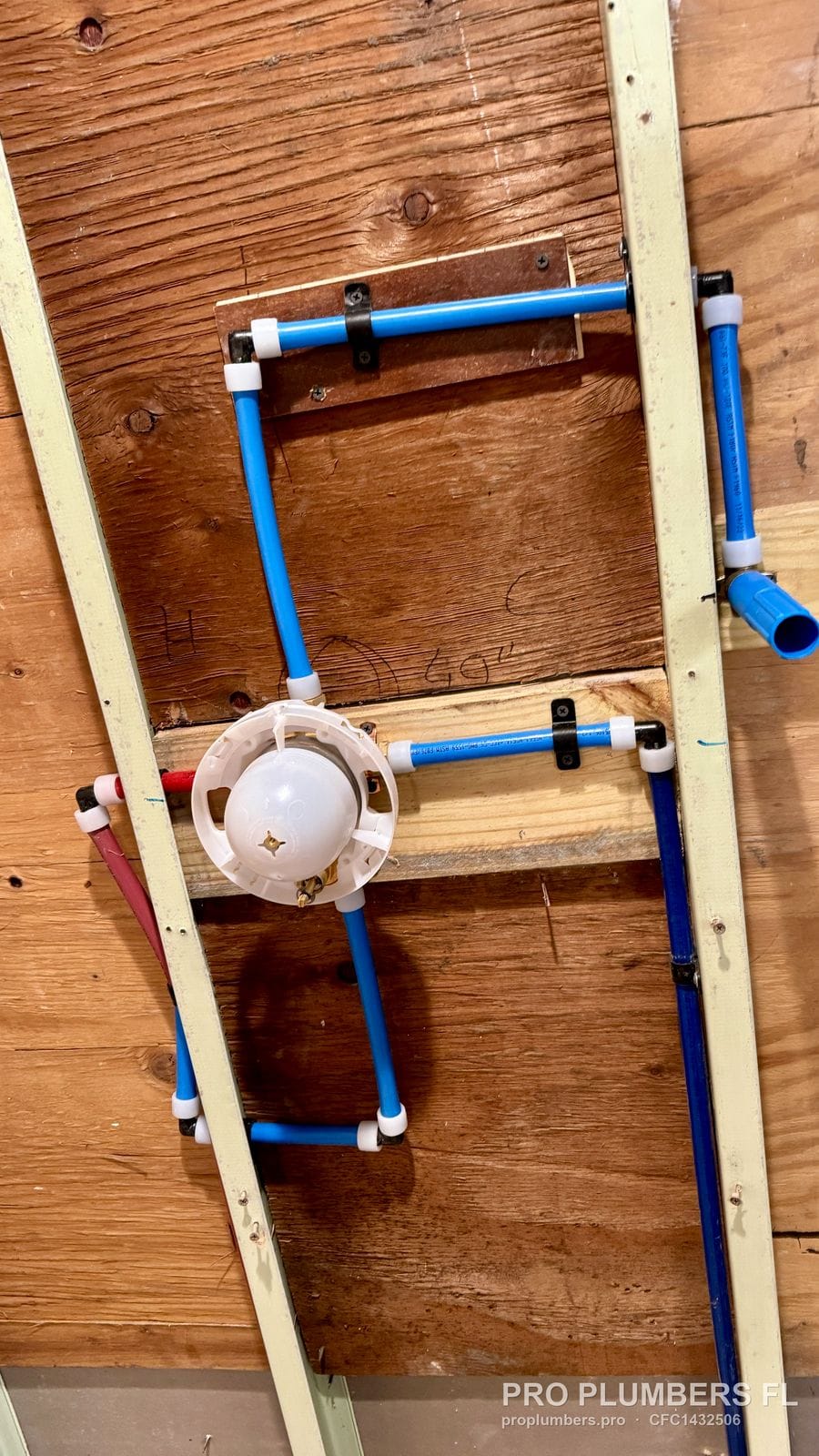 Tub and shower valve with plaster guard roughed in with PEX-A piping in Largo, Florida by PRO PLUMBERS FL, LLC (licence CFC1432506)