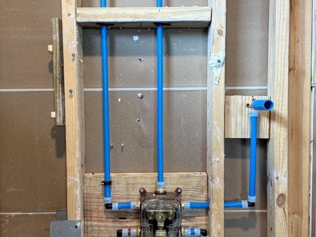Complete tub and shower wall rough-in with PEX-A piping and mixing valve in Lakewood Ranch, Florida by PRO PLUMBERS FL, LLC (licence CFC1432506)
