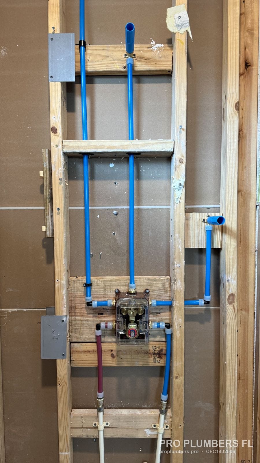 Complete tub and shower wall rough-in with PEX-A piping and mixing valve in Lakewood Ranch, Florida by PRO PLUMBERS FL, LLC (licence CFC1432506)