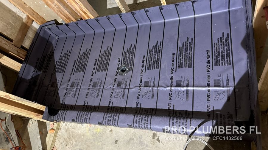 Printed 40 mil PVC liner surface and drain opening of the second shower pan in Sarasota, Florida by PRO PLUMBERS FL, LLC (licence CFC1432506)