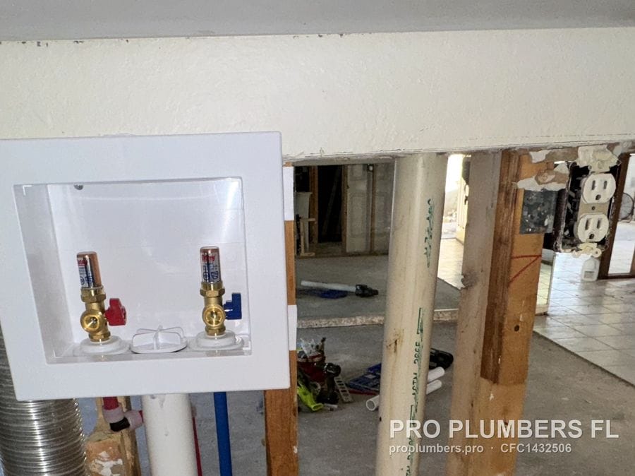 Recessed washer outlet box on a PVC standpipe in an open wall in Pinellas Park, Florida by PRO PLUMBERS FL, LLC (licence CFC1432506)
