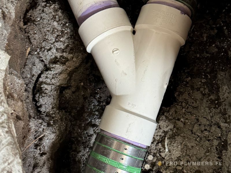 Sewer repair — new PVC wye tied into the existing line — Tampa Bay area