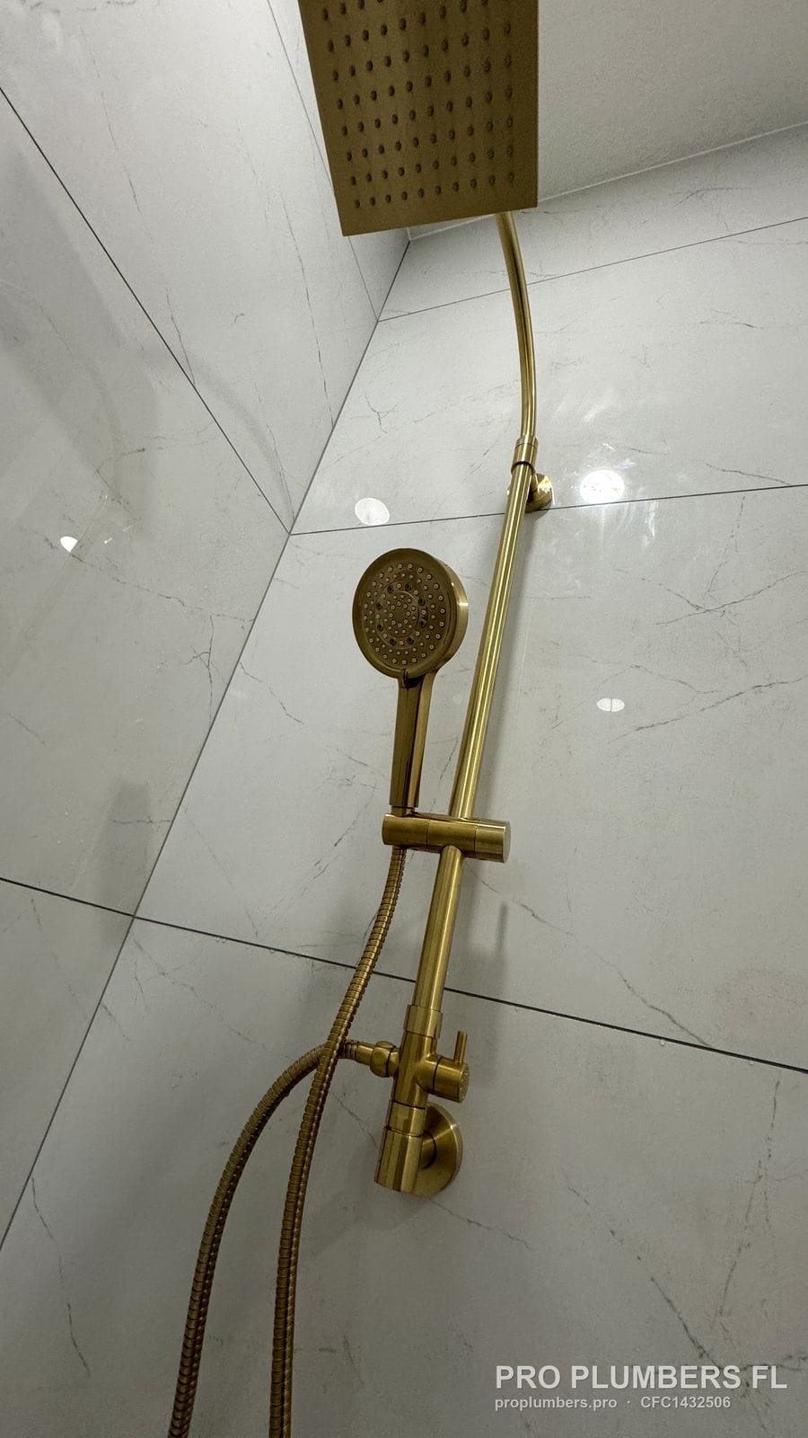 Close-up of a brushed gold slide bar and handheld shower in Tampa, Florida by PRO PLUMBERS FL, LLC (licence CFC1432506)