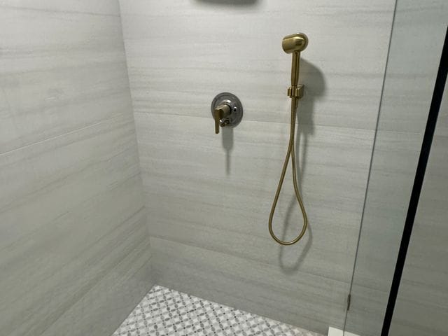 Shower valve trim and handheld over a mosaic shower floor in Largo, Florida by PRO PLUMBERS FL, LLC (licence CFC1432506)