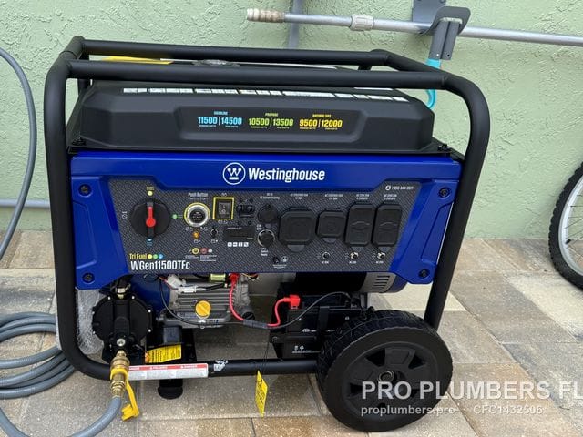 Westinghouse tri-fuel portable generator connected to a natural gas supply by flexible hose in Clearwater, Florida by PRO PLUMBERS FL, LLC (licence CFC1432506)