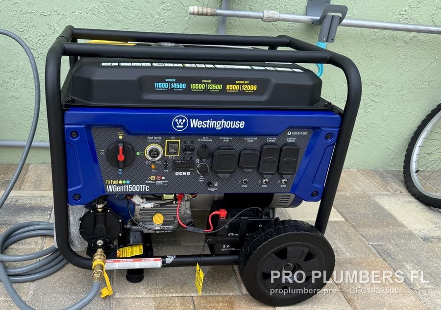 Westinghouse tri-fuel portable generator connected to a natural gas supply by flexible hose in Clearwater, Florida by PRO PLUMBERS FL, LLC (licence CFC1432506)