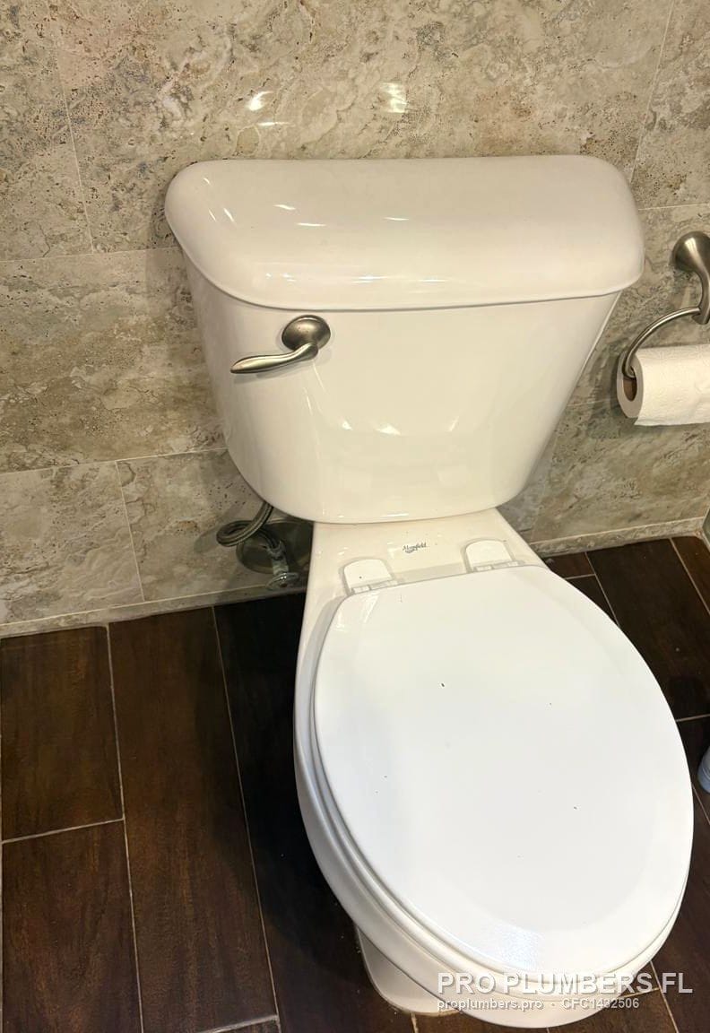 Two-piece toilet with brushed nickel lever on dark wood-look floor beside a glass block wall in Clearwater, Florida by PRO PLUMBERS FL, LLC (licence CFC1432506)