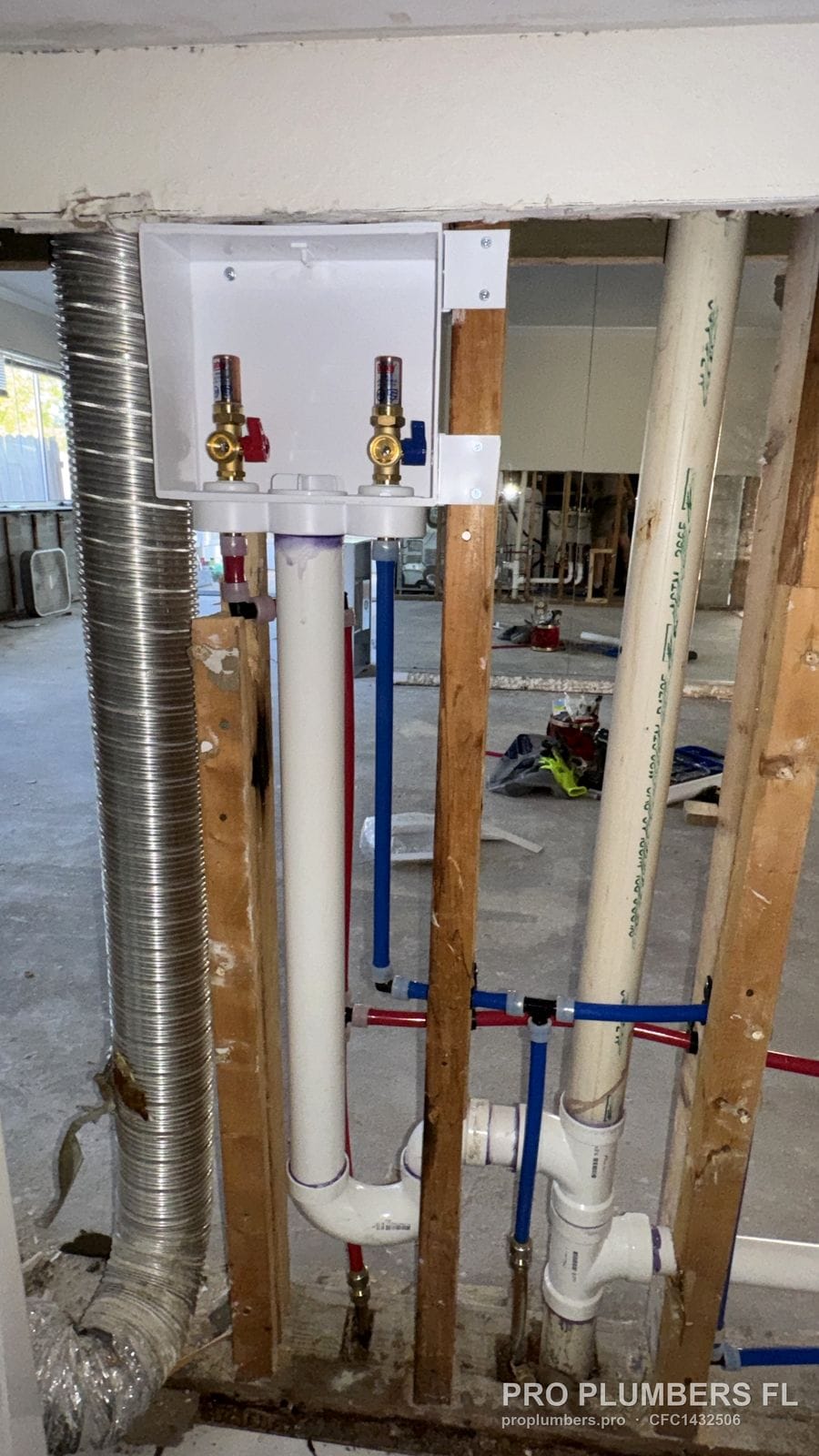Recessed washer outlet box with quarter-turn valves on a PVC standpipe in an open wall in Pinellas Park, Florida by PRO PLUMBERS FL, LLC (licence CFC1432506)