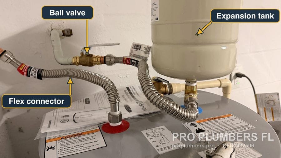 Ball valve, corrugated flex connectors and expansion tank on top of an electric water heater in Largo, Florida by PRO PLUMBERS FL, LLC (licence CFC1432506)