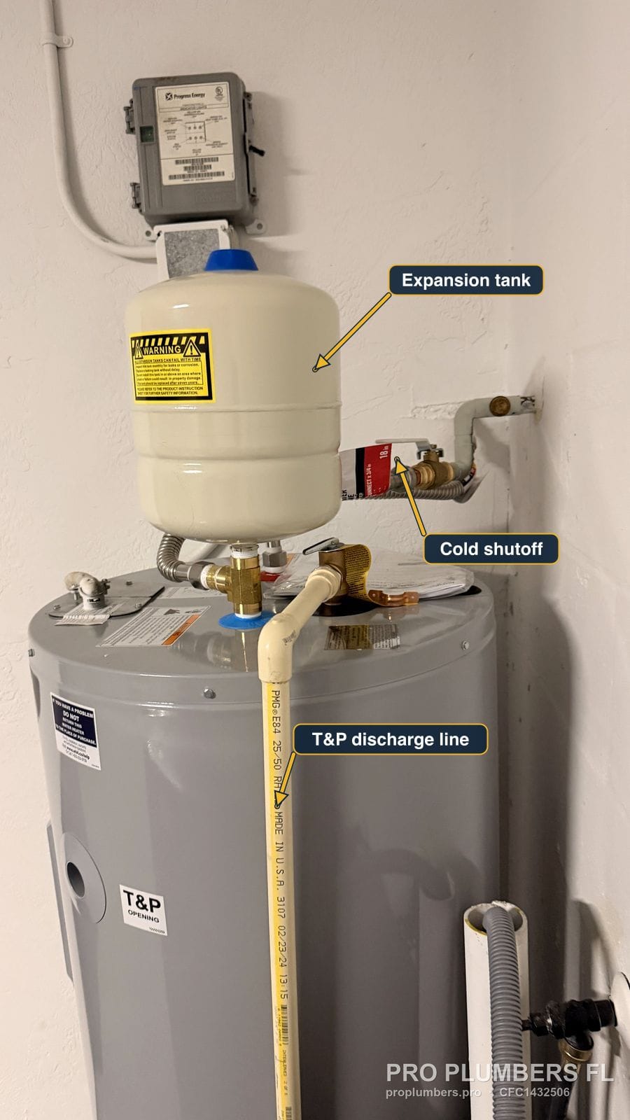 Expansion tank and T&P discharge line on a new electric tank water heater in Largo, Florida by PRO PLUMBERS FL, LLC (licence CFC1432506)