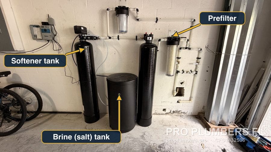 Water softener, second media tank, brine tank and clear prefilter housings on a garage block wall in Westchase, Florida by PRO PLUMBERS FL, LLC (licence CFC1432506)