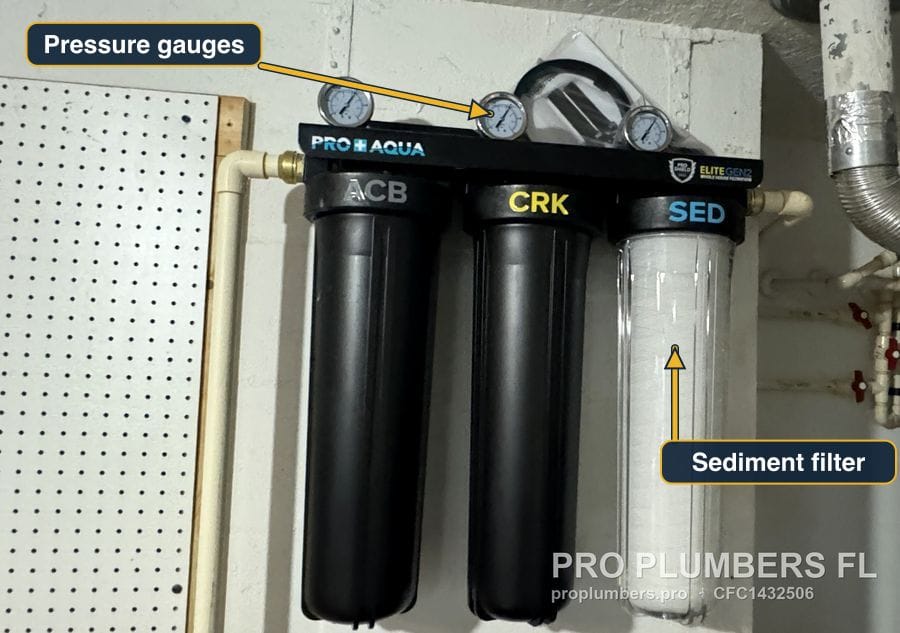 Three-stage PRO AQUA ELITE filter housings labelled ACB, CRK and SED with pressure gauges in Tampa, Florida by PRO PLUMBERS FL, LLC (licence CFC1432506)